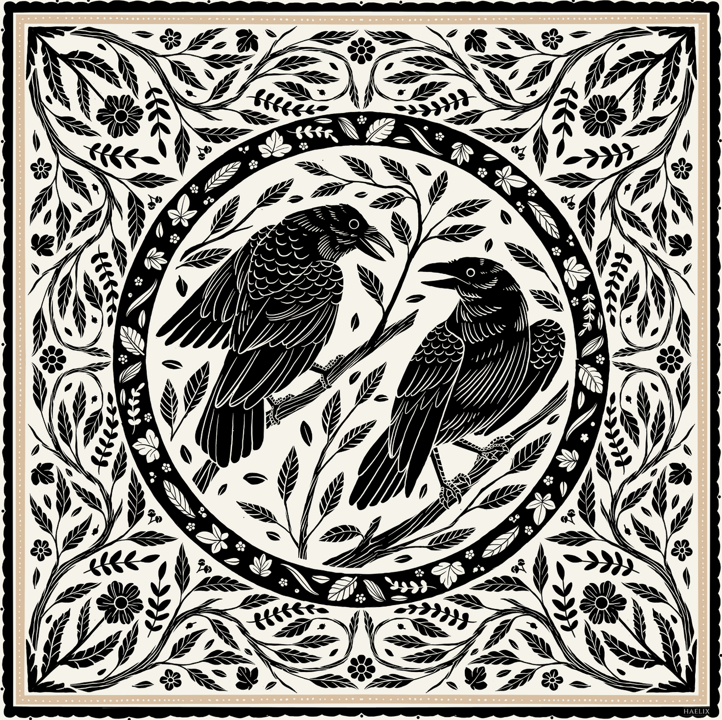 Ember 100% Silk Scarf | Black and White Crows | 32" Square