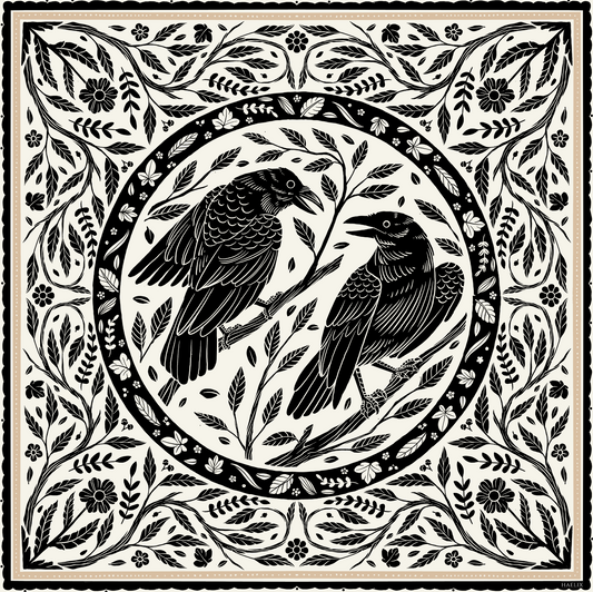 Ember 100% Silk Scarf | Black and White Crows | 32" Square