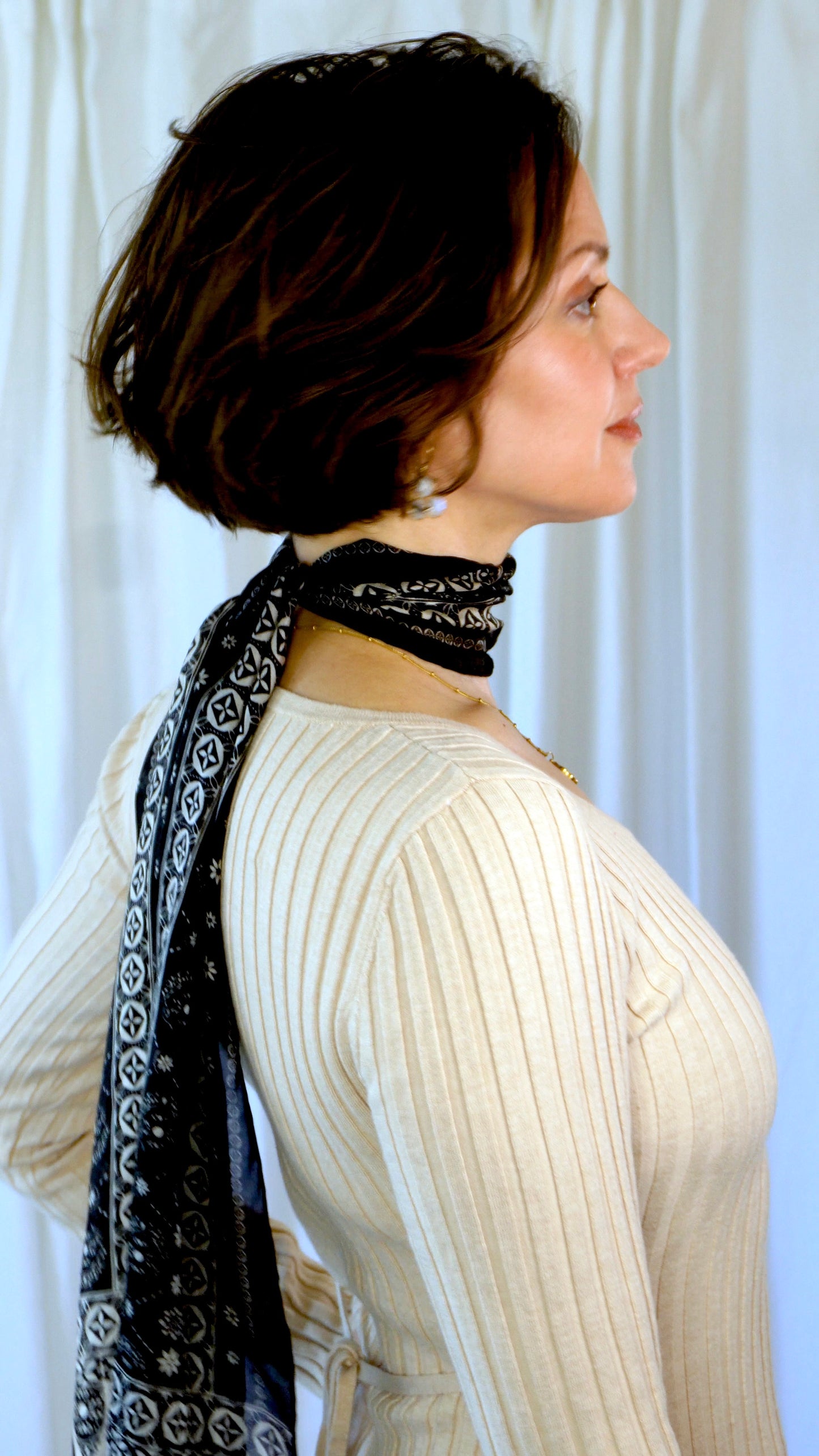 Luna 100% Silk Scarf | Black Block Print | Ultrathin Silk