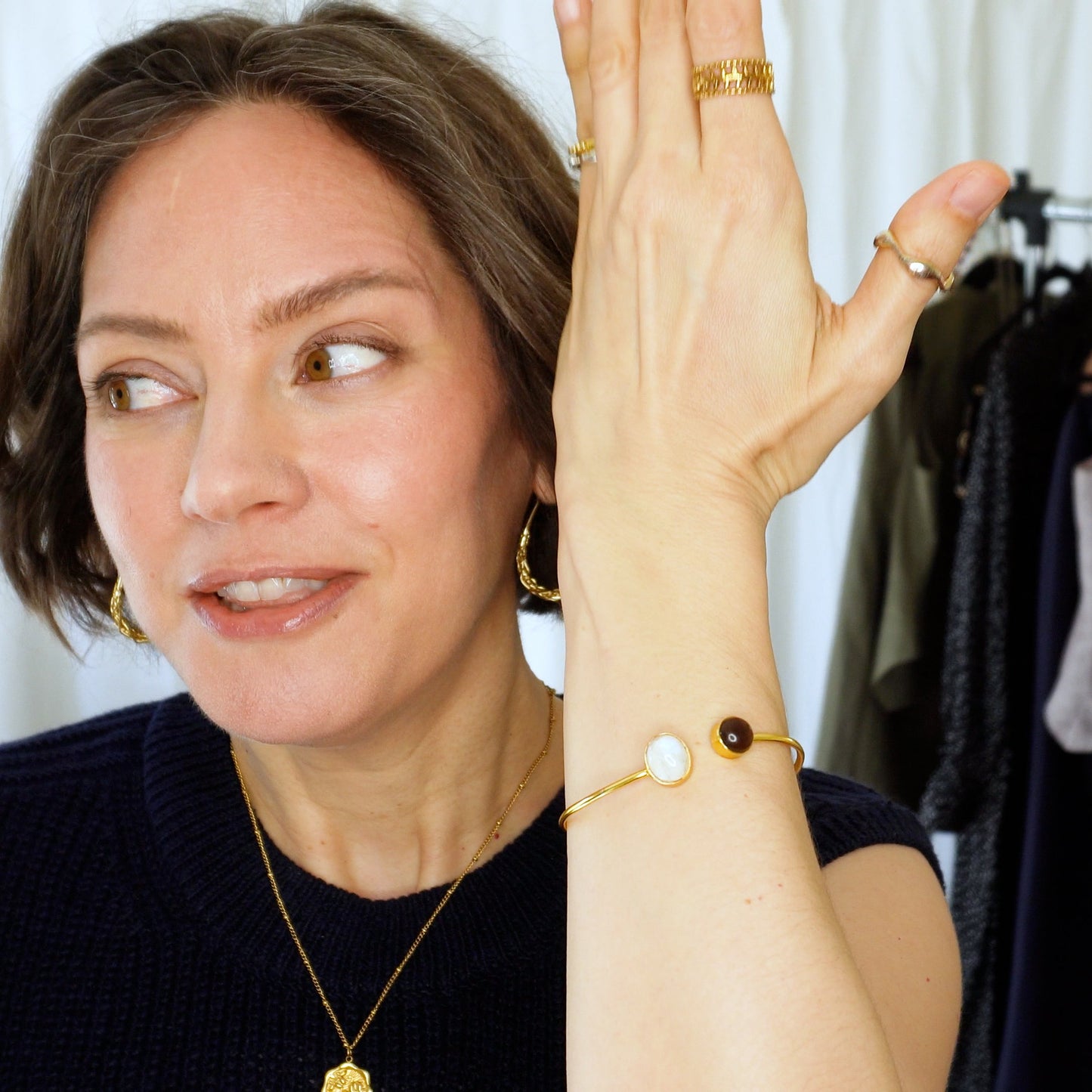 Emilie Moonstone and Smokey Quartz cuff bracelet 18k Gold Plated