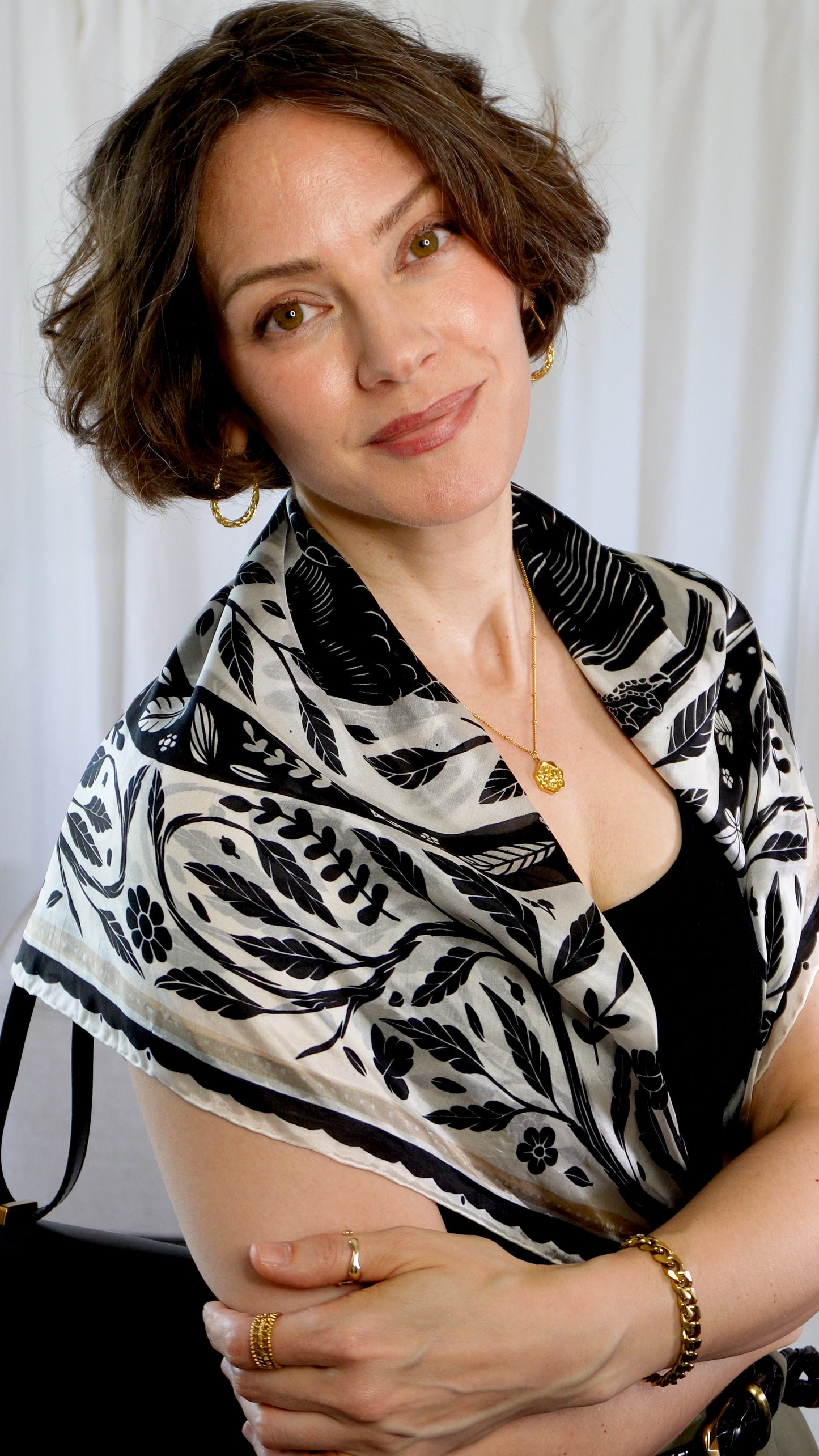 Ember 100% Silk Scarf | Black and White Crows | 32" Square