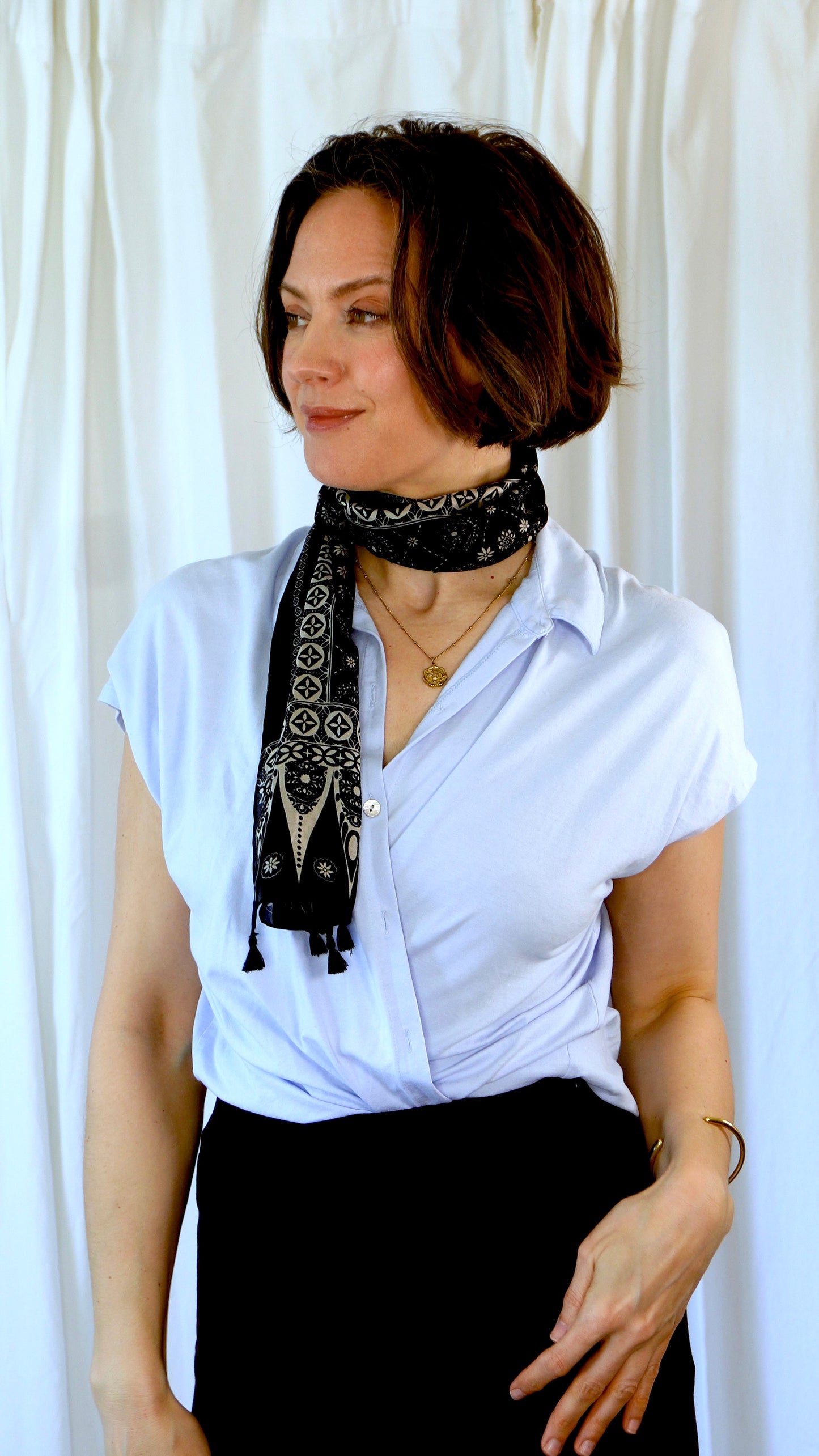 Luna 100% Silk Scarf | Black Block Print | Ultrathin Silk