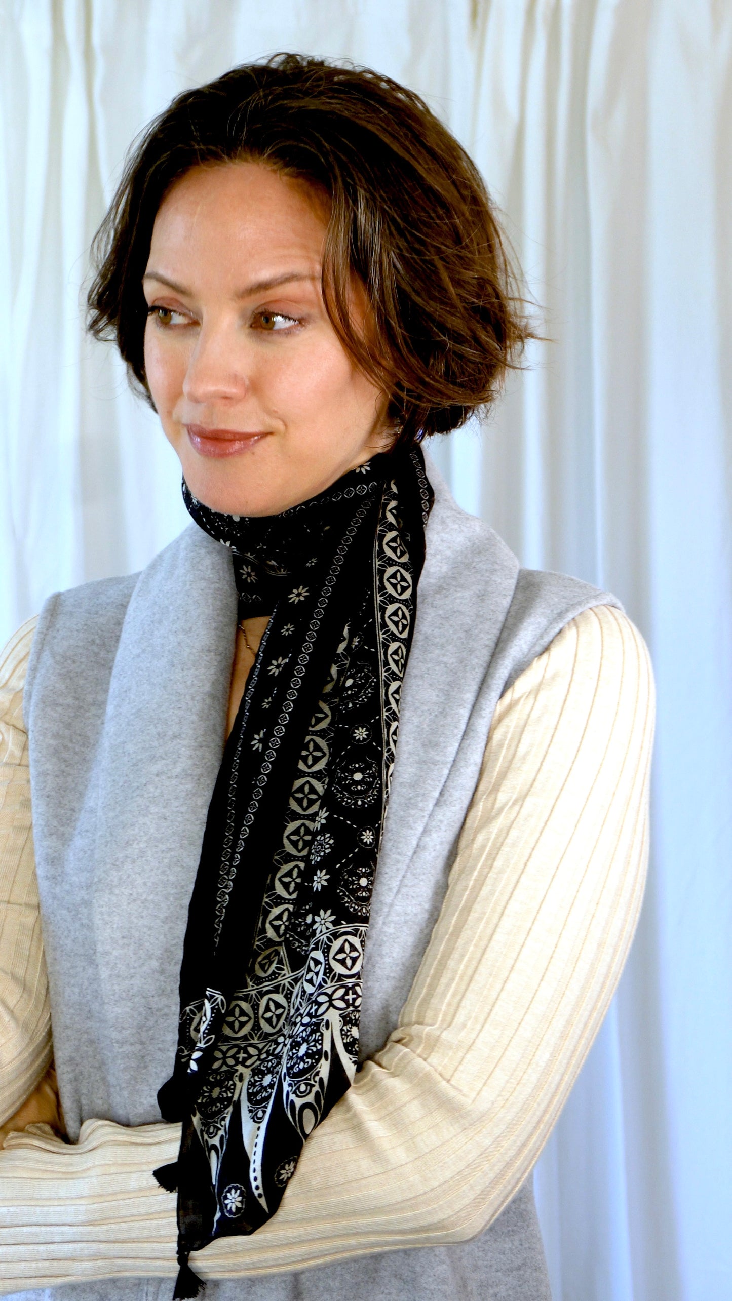 Luna 100% Silk Scarf | Black Block Print | Ultrathin Silk