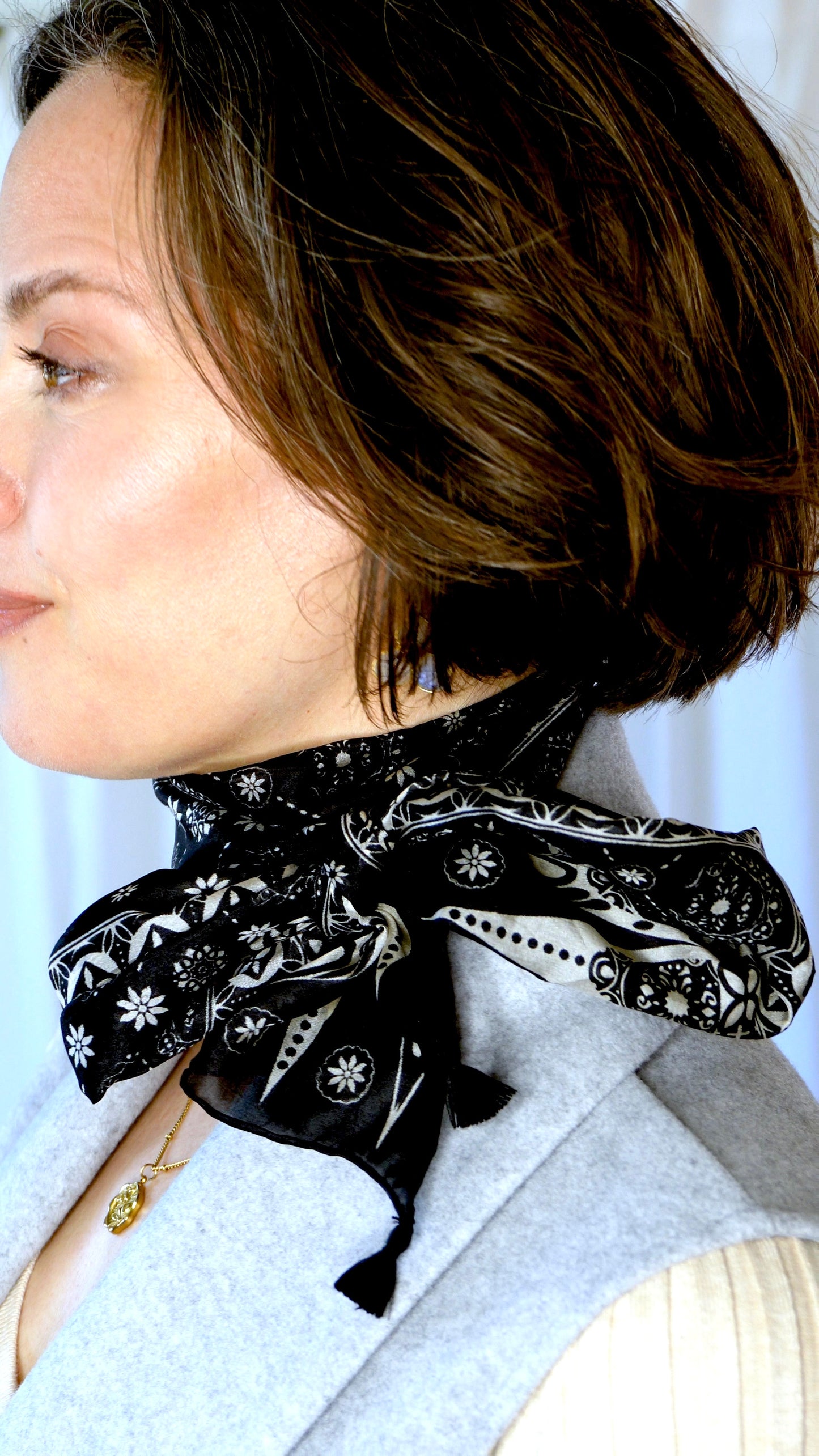 Luna 100% Silk Scarf | Black Block Print | Ultrathin Silk
