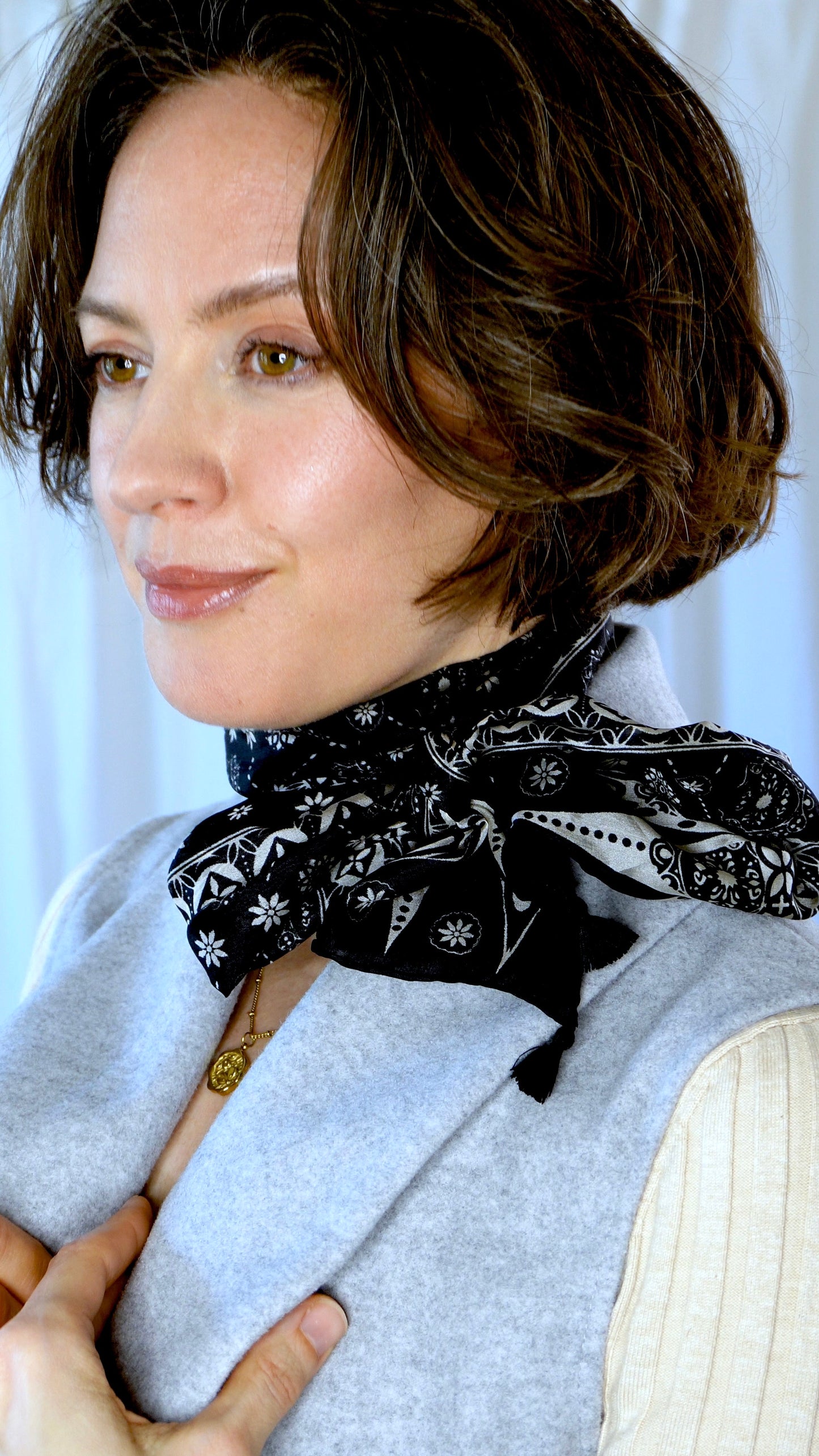 Luna 100% Silk Scarf | Black Block Print | Ultrathin Silk