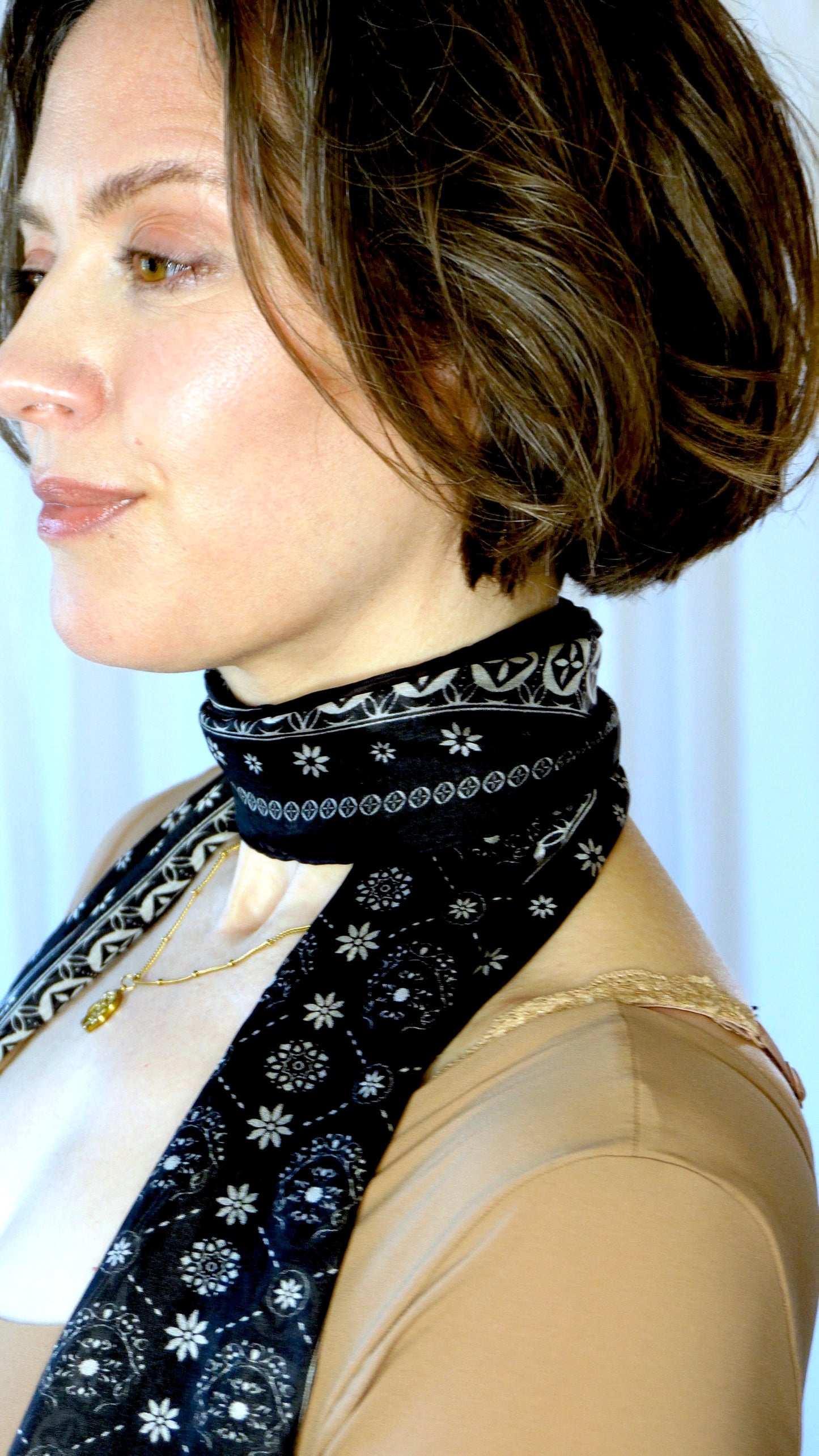 Luna 100% Silk Scarf | Black Block Print | Ultrathin Silk