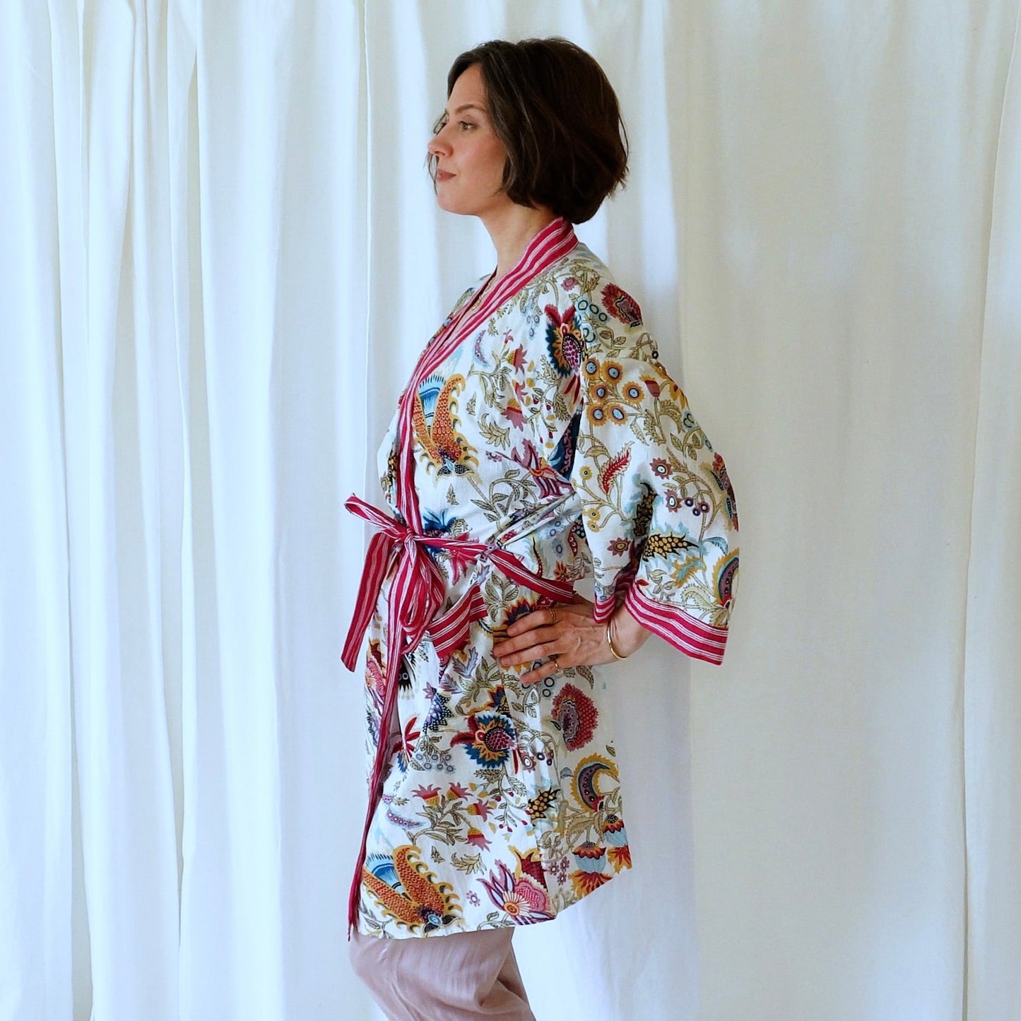 Miriam Pink White Floral Cotton Dressing Robe