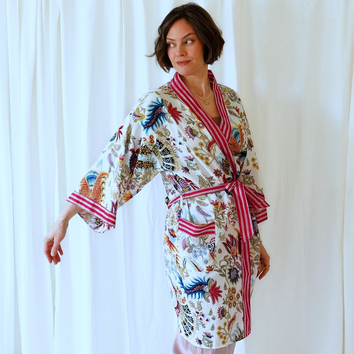 Miriam Pink White Floral Cotton Dressing Robe