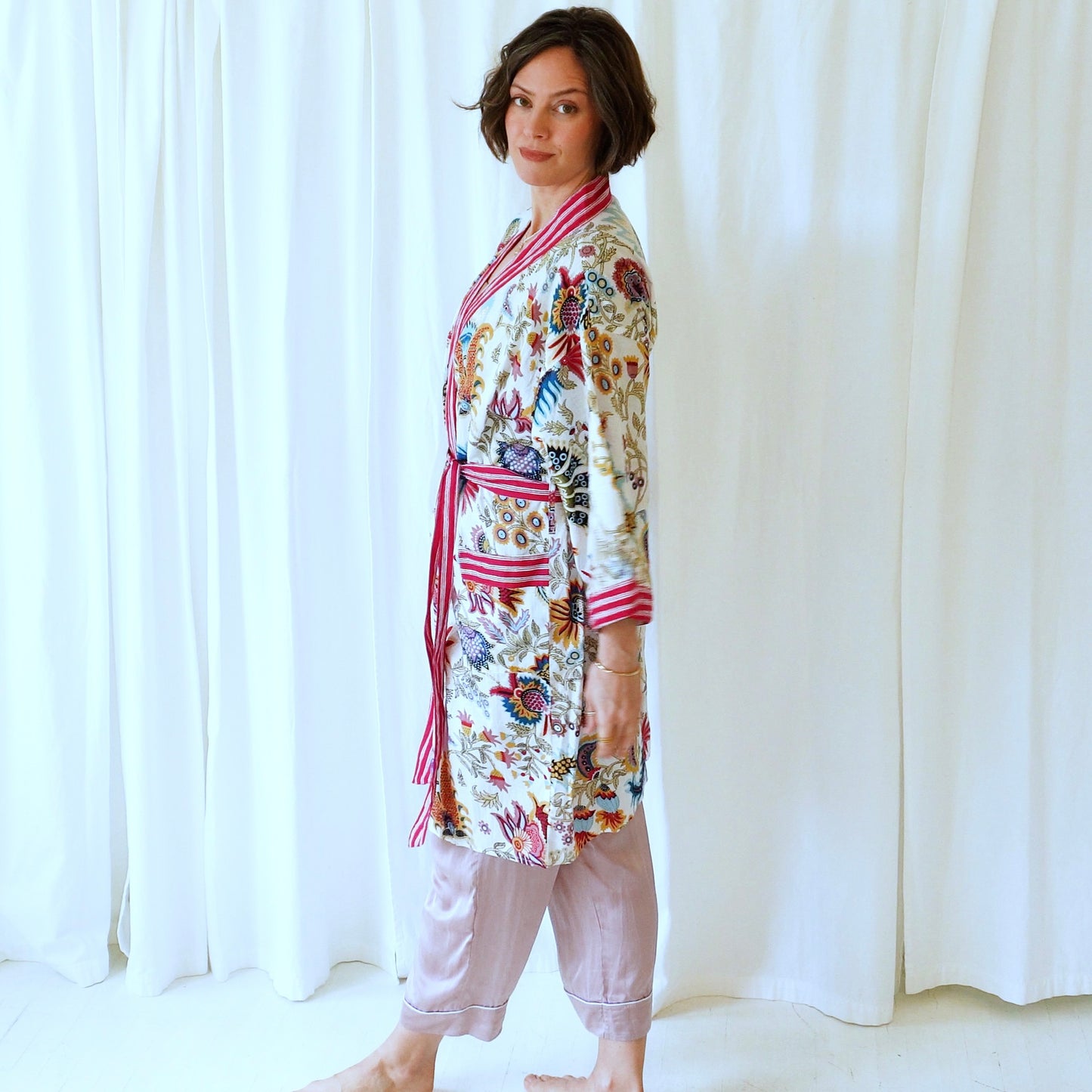 Miriam Pink White Floral Cotton Dressing Robe