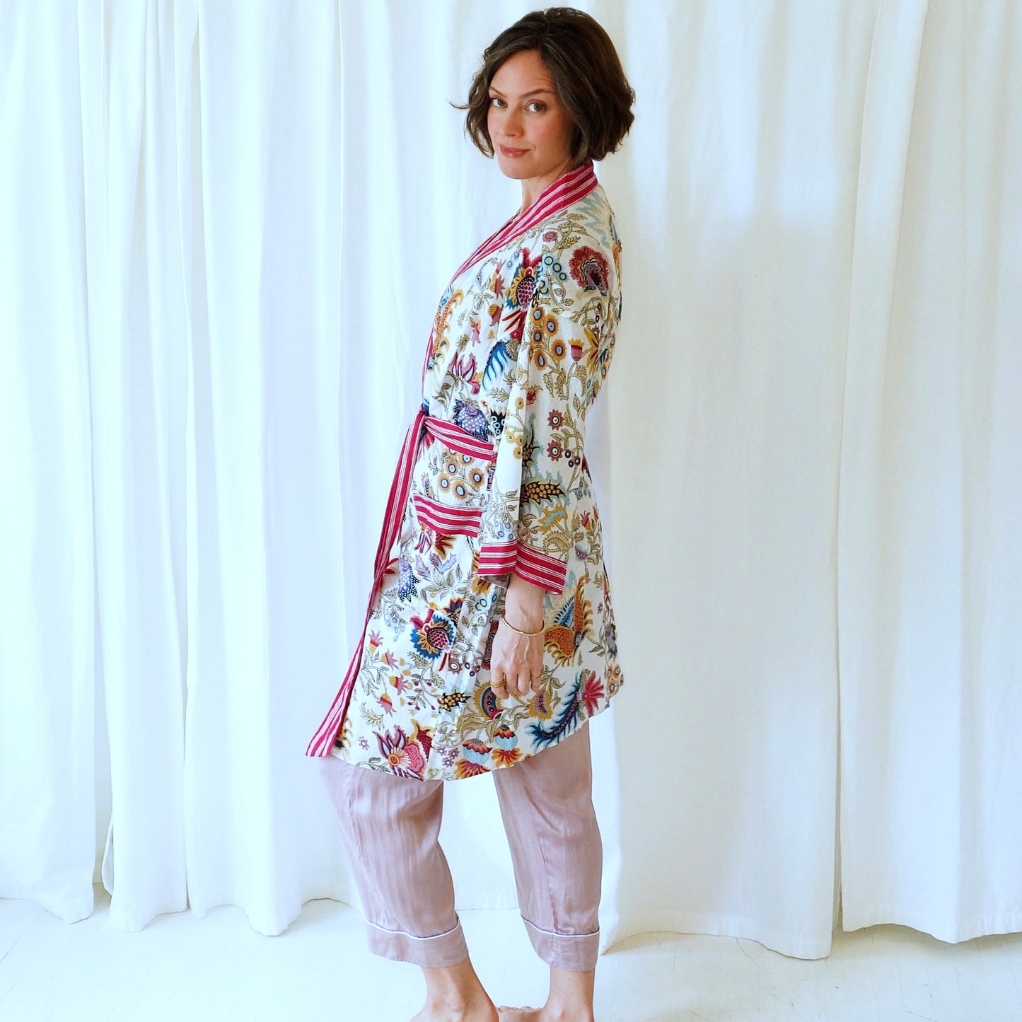 Miriam Pink White Floral Cotton Dressing Robe