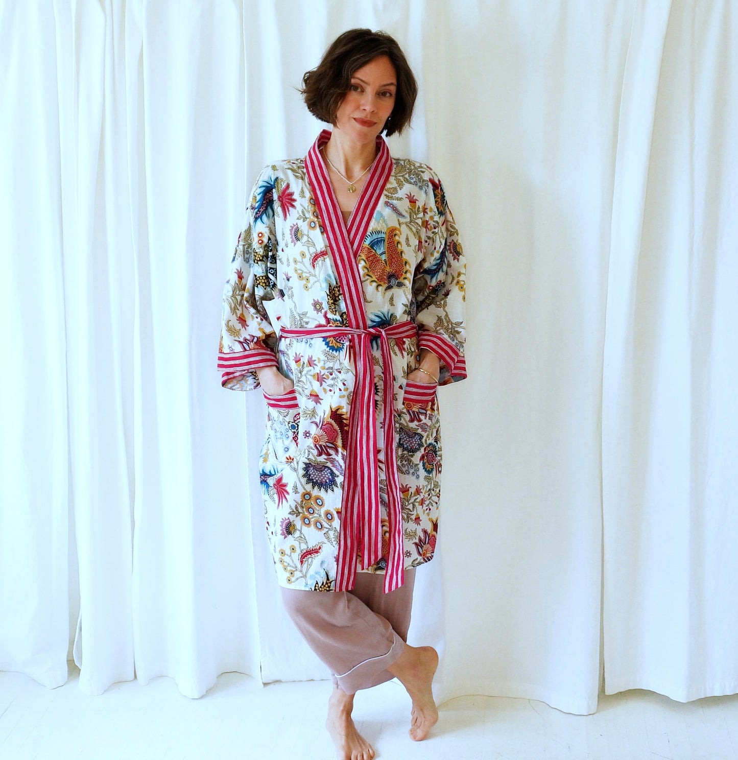 Miriam Pink White Floral Cotton Dressing Robe