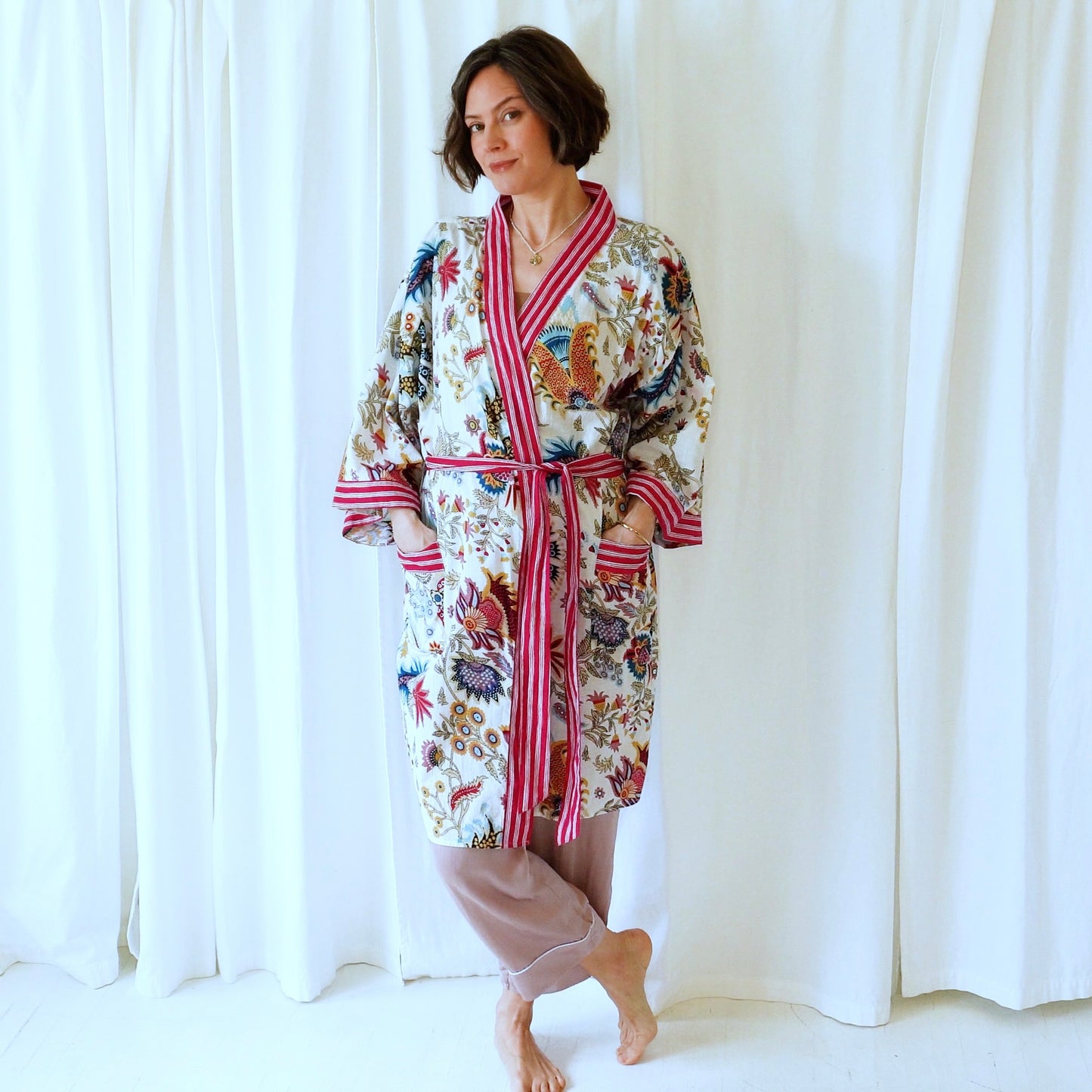 Miriam Pink White Floral Cotton Dressing Robe