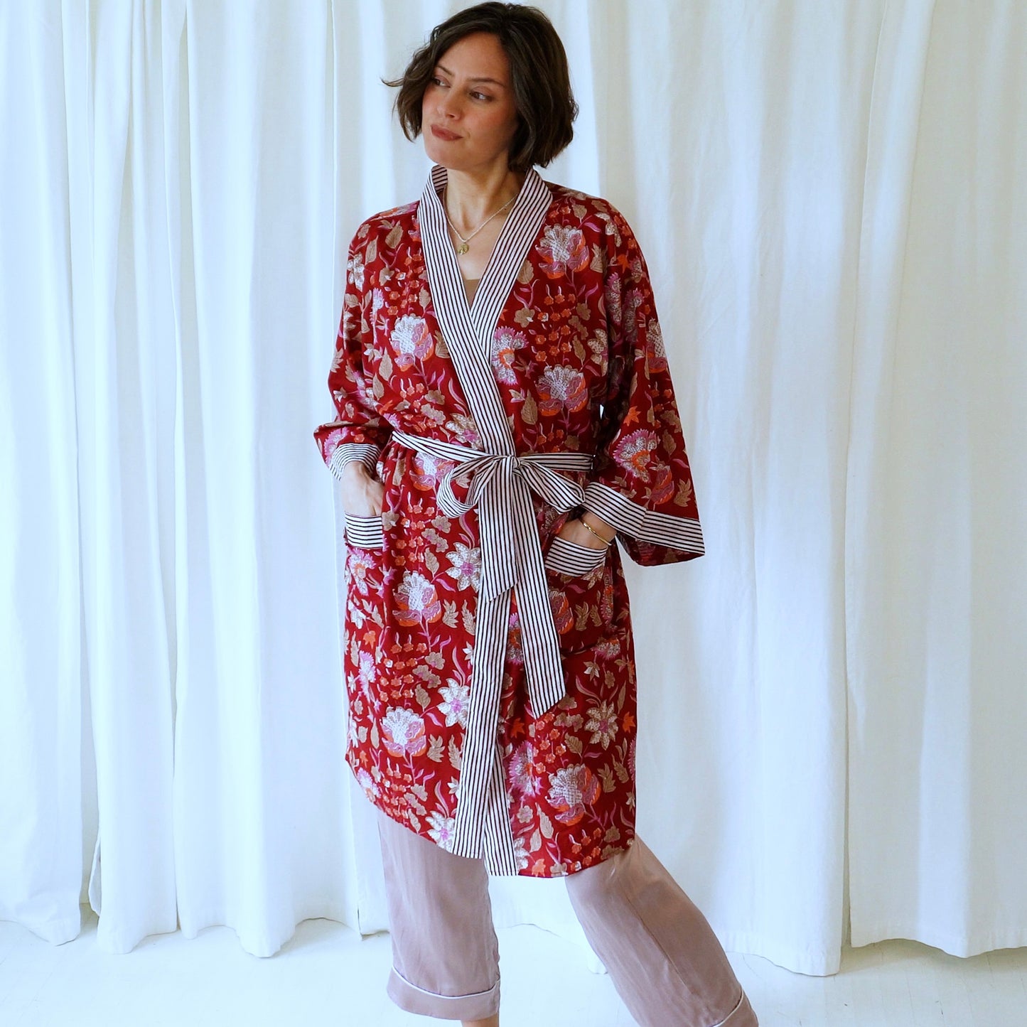 Selah Red Floral Cotton Dressing Robe