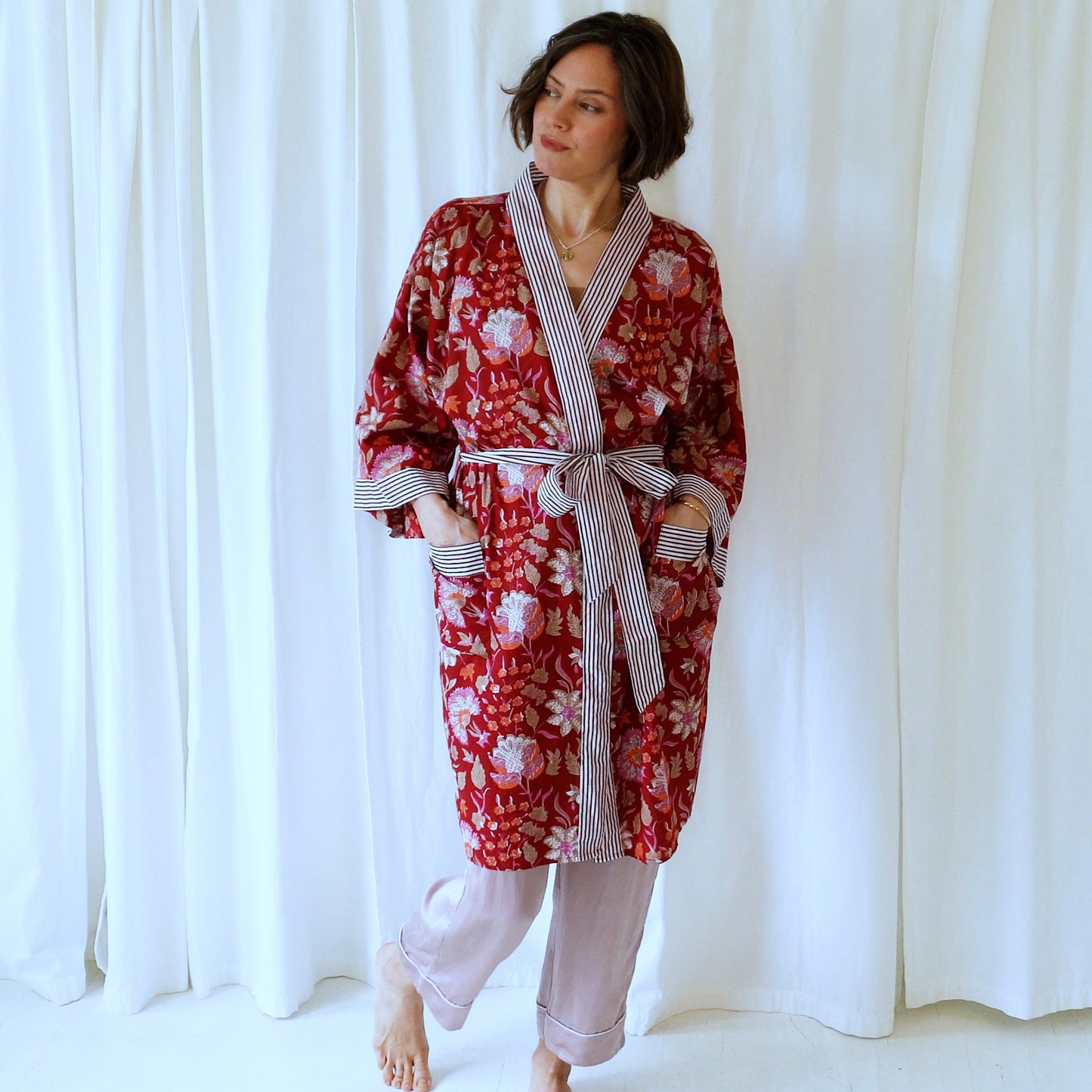 Selah Red Floral Cotton Dressing Robe