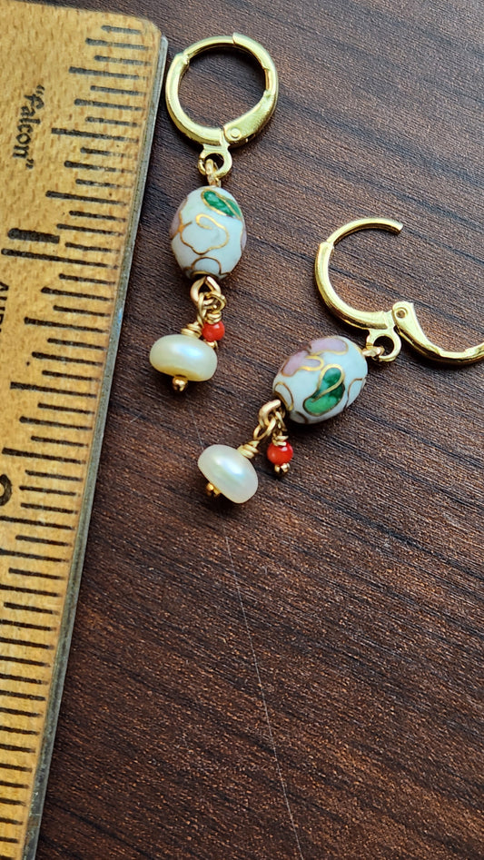 Handmade Cloisonné Coral and Pearl dangle earrings (1.25" long) 18k Gold plated ear clasps