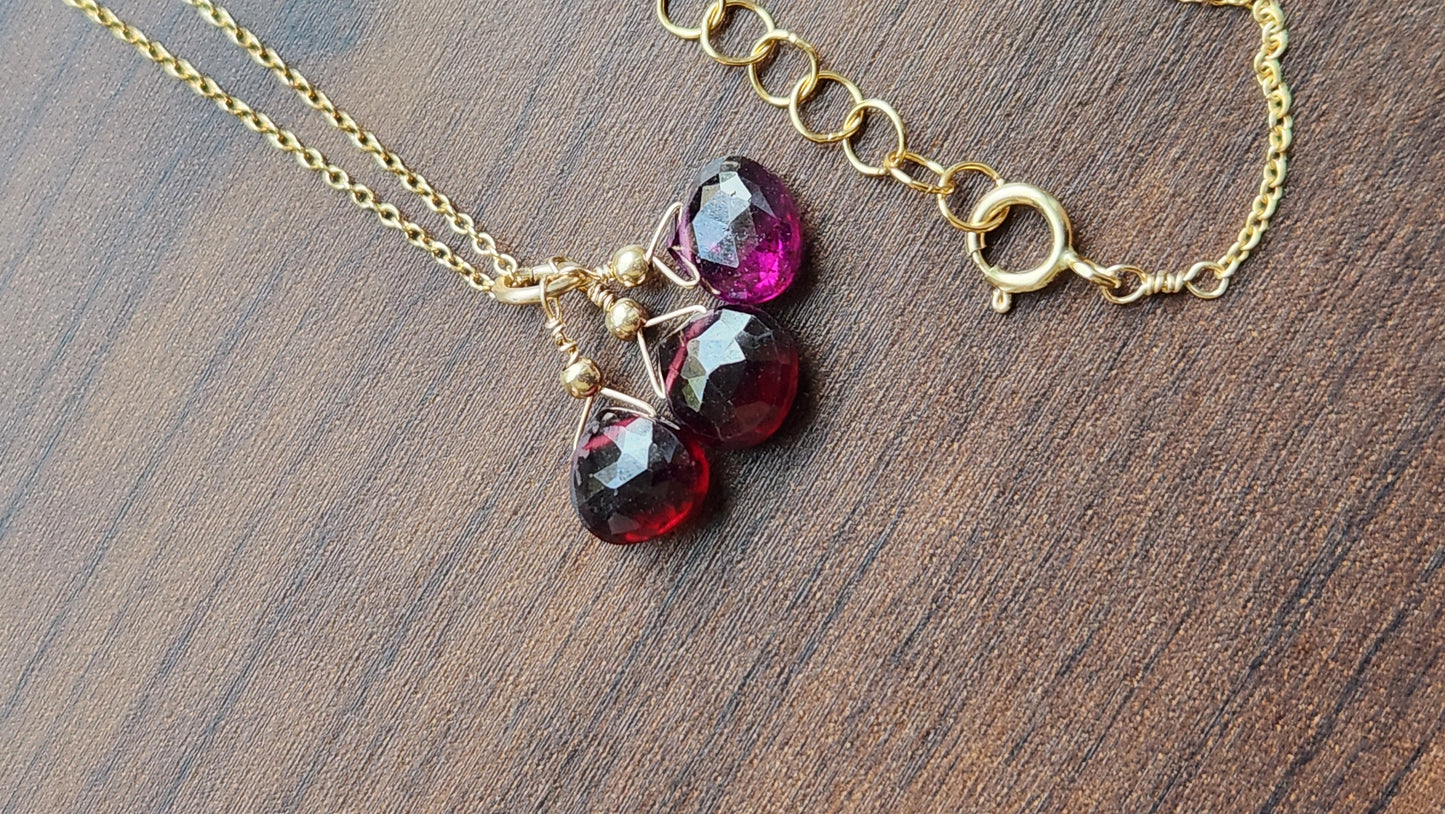 Garnet Trio Pendant 16" necklace 14k Gold Filled fine chain