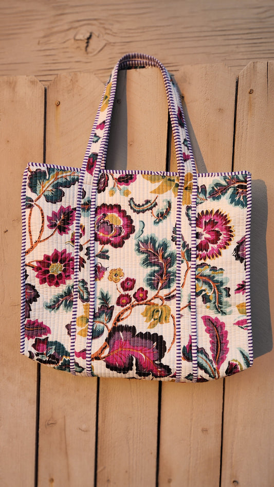 Structured Floral Tote Bag with zipper and inside pocket - Violet Riot