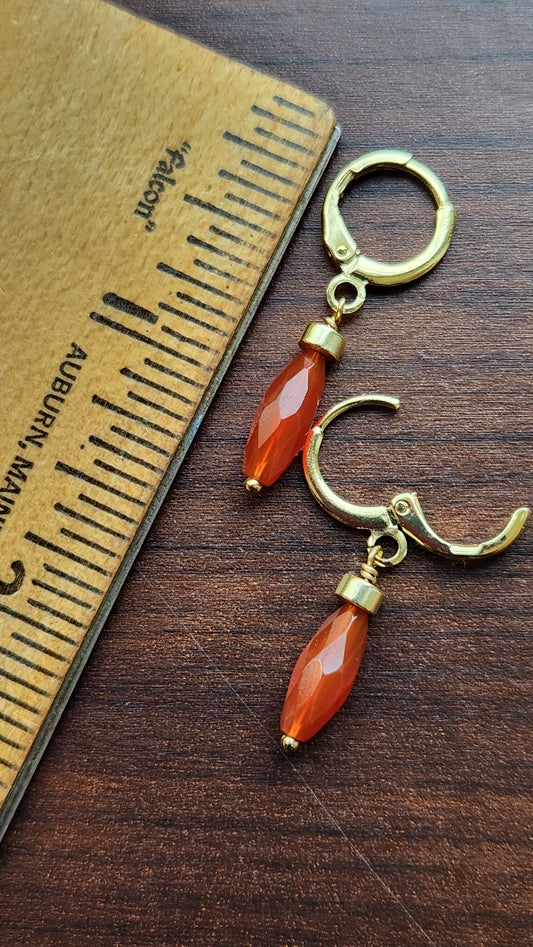Handmade Red Carnelian dangle earrings (1.5" long) 18k Gold plated ear clasps