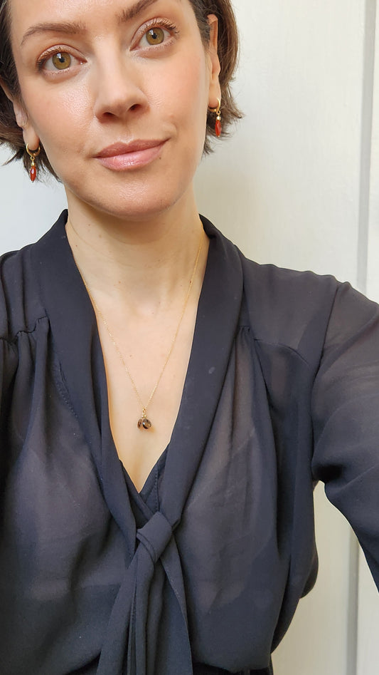 Smoky Quartz Trio Pendant 20" necklace 14k Gold Filled fine chain