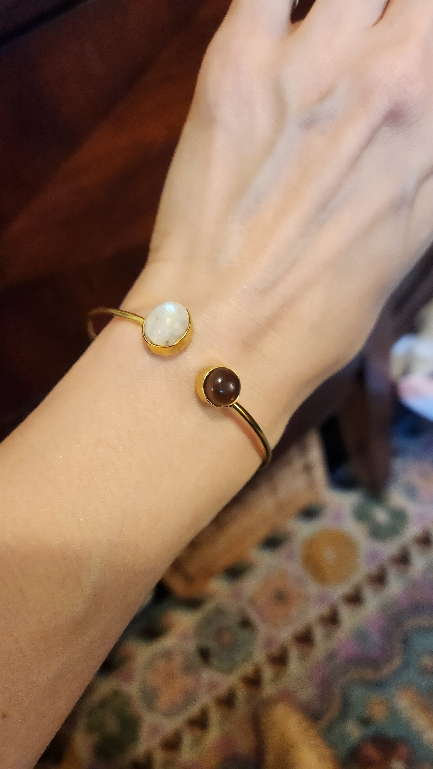 Emilie Moonstone and Smokey Quartz cuff bracelet 18k Gold Plated