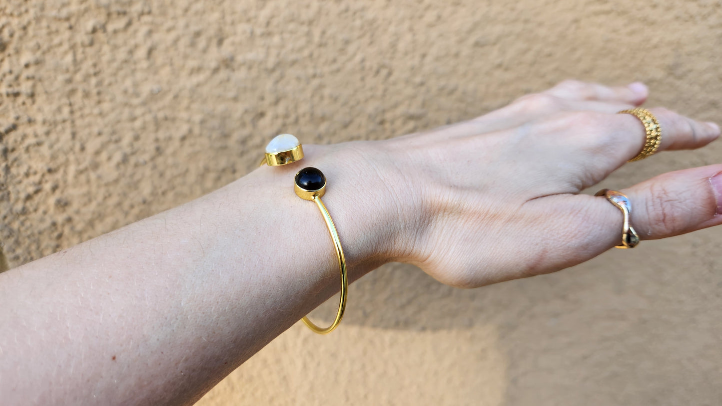 Emilie Moonstone and Smokey Quartz cuff bracelet 18k Gold Plated