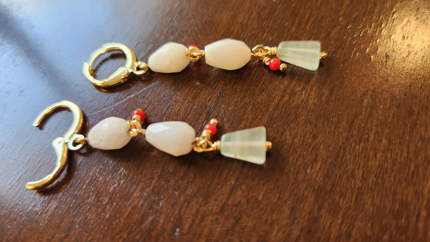 Lulu delicacy dangle earrings in white with green Aventurine and Red Coral in 14k gold-filled