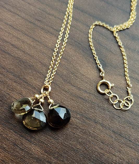 Smoky Quartz Trio Pendant 20" necklace 14k Gold Filled fine chain