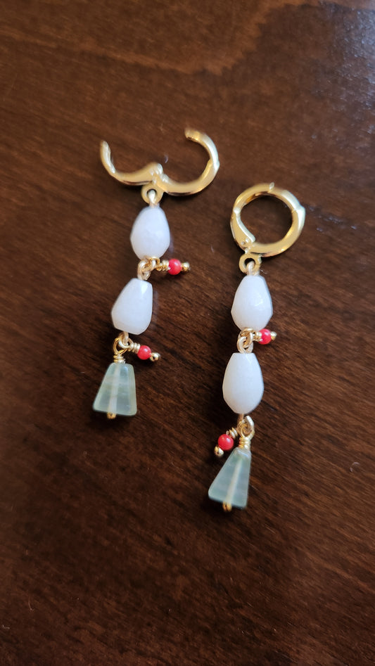 Lulu delicacy dangle earrings in white with green Aventurine and Red Coral in 14k gold-filled