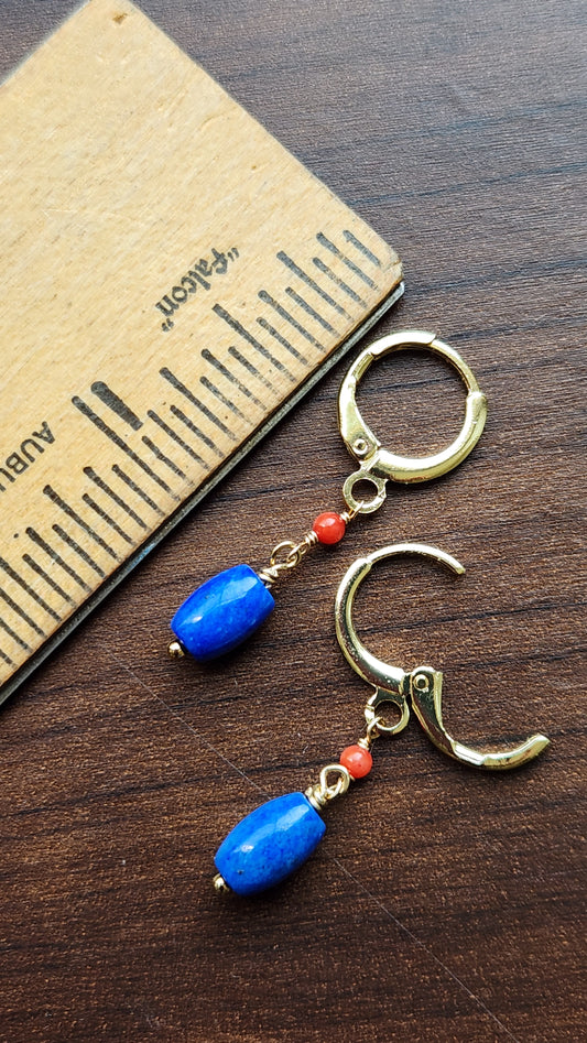 Handmade Blue Lapis and Coral dangle earrings (1.5" long) 18k Gold plated ear clasps