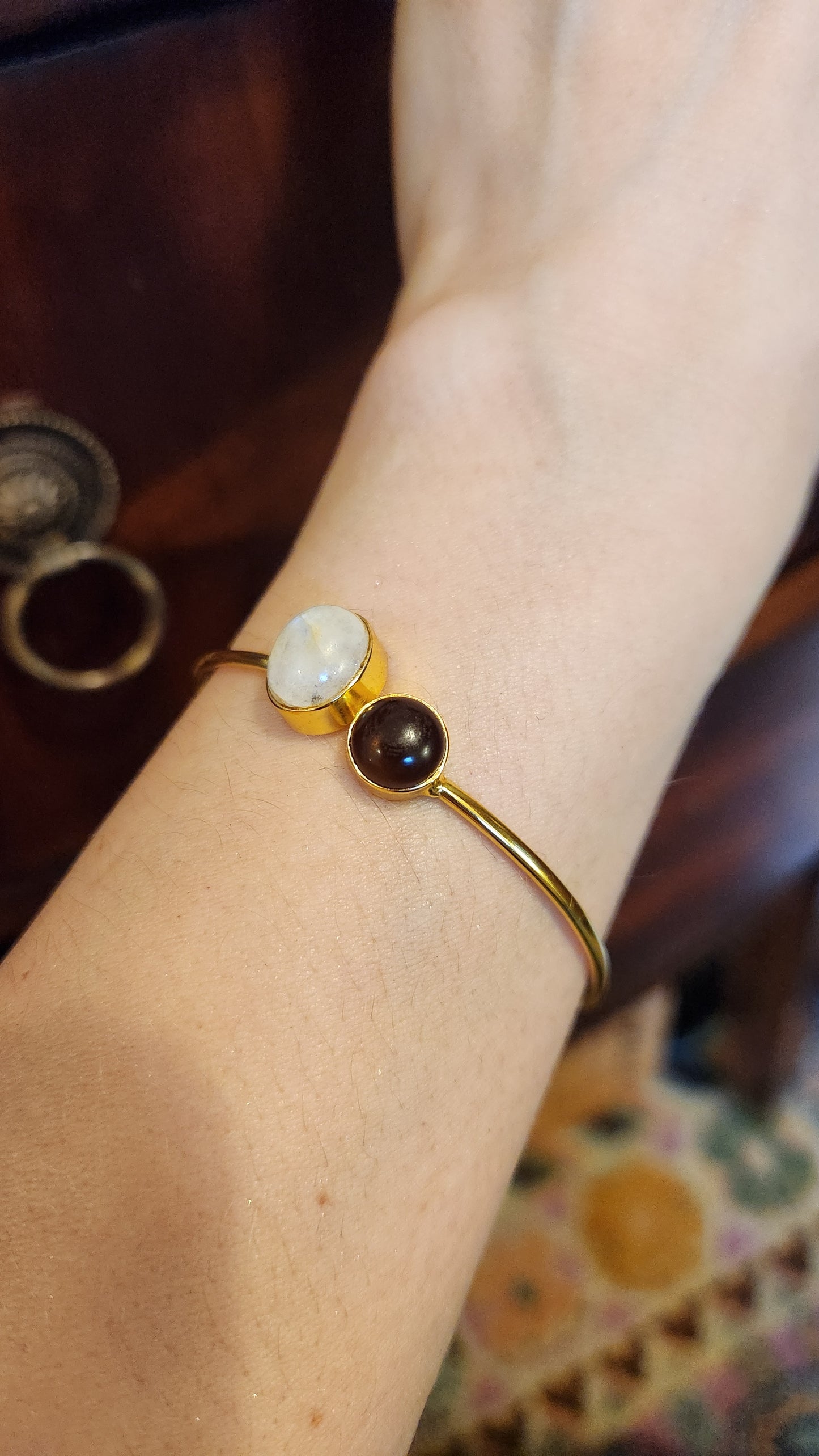 Emilie Moonstone and Smokey Quartz cuff bracelet 18k Gold Plated