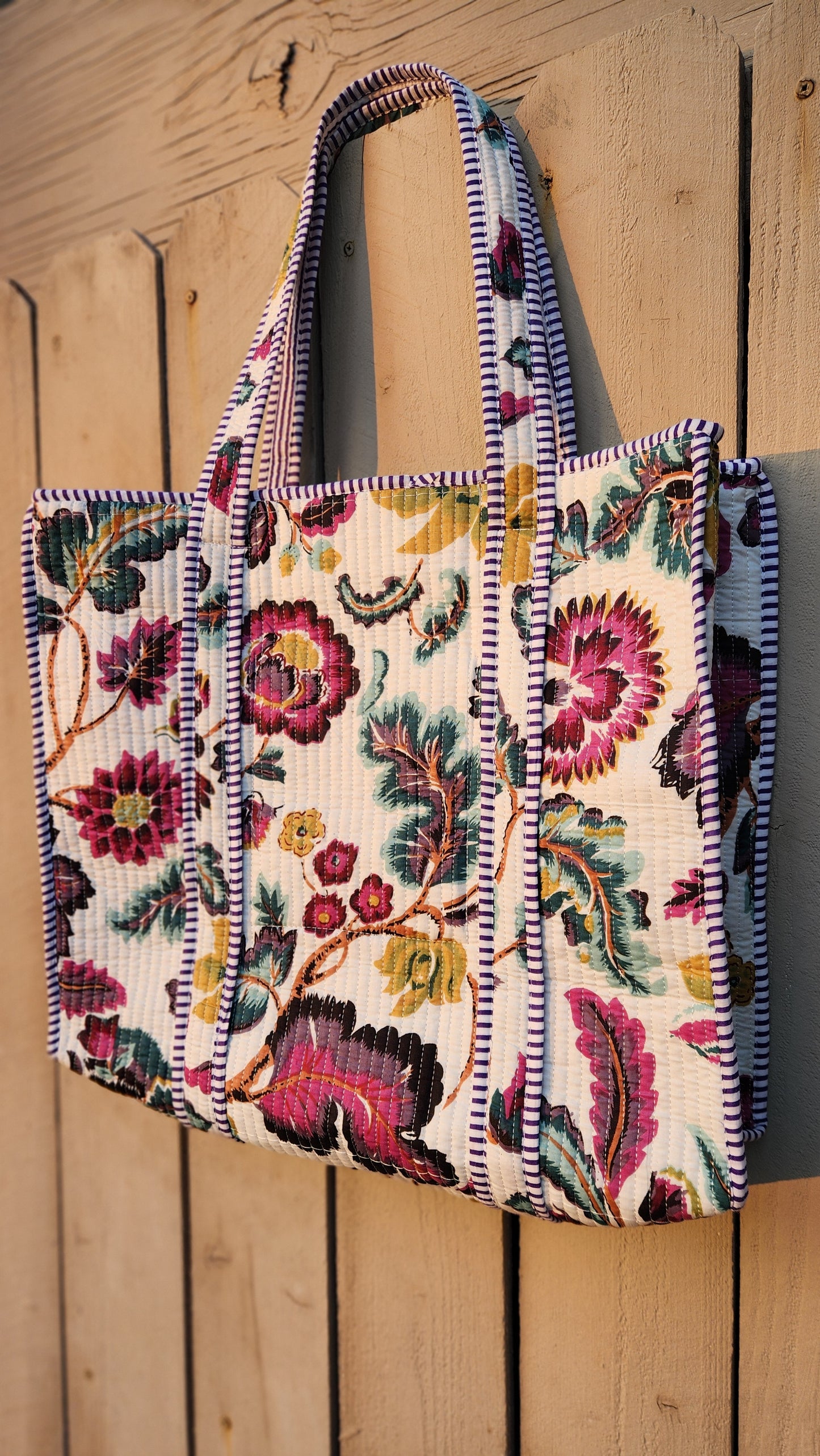 Structured Floral Tote Bag with zipper and inside pocket - Violet Riot