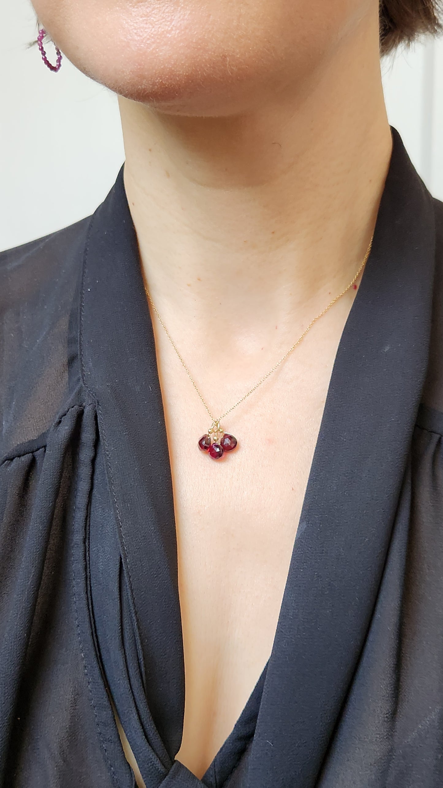 Garnet Trio Pendant 16" necklace 14k Gold Filled fine chain