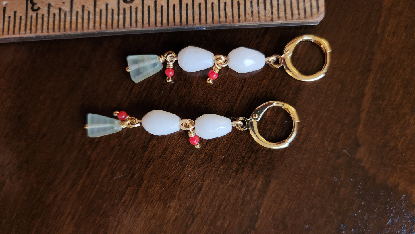 Lulu delicacy dangle earrings in white with green Aventurine and Red Coral in 14k gold-filled