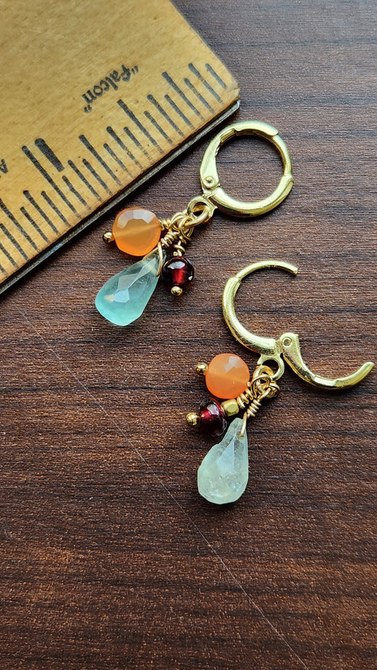 Handmade "Jubilee Trio" dangle earrings - Aquamarine Garnet Carnelian (1.25" long) 18k Gold plated ear clasps