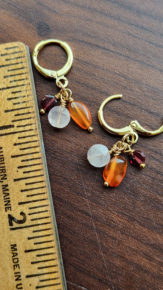 Handmade "Jubilee Trio" dangle earrings - Carnelian Garnet Rose Quartz (1.25" long) 18k Gold plated ear clasps