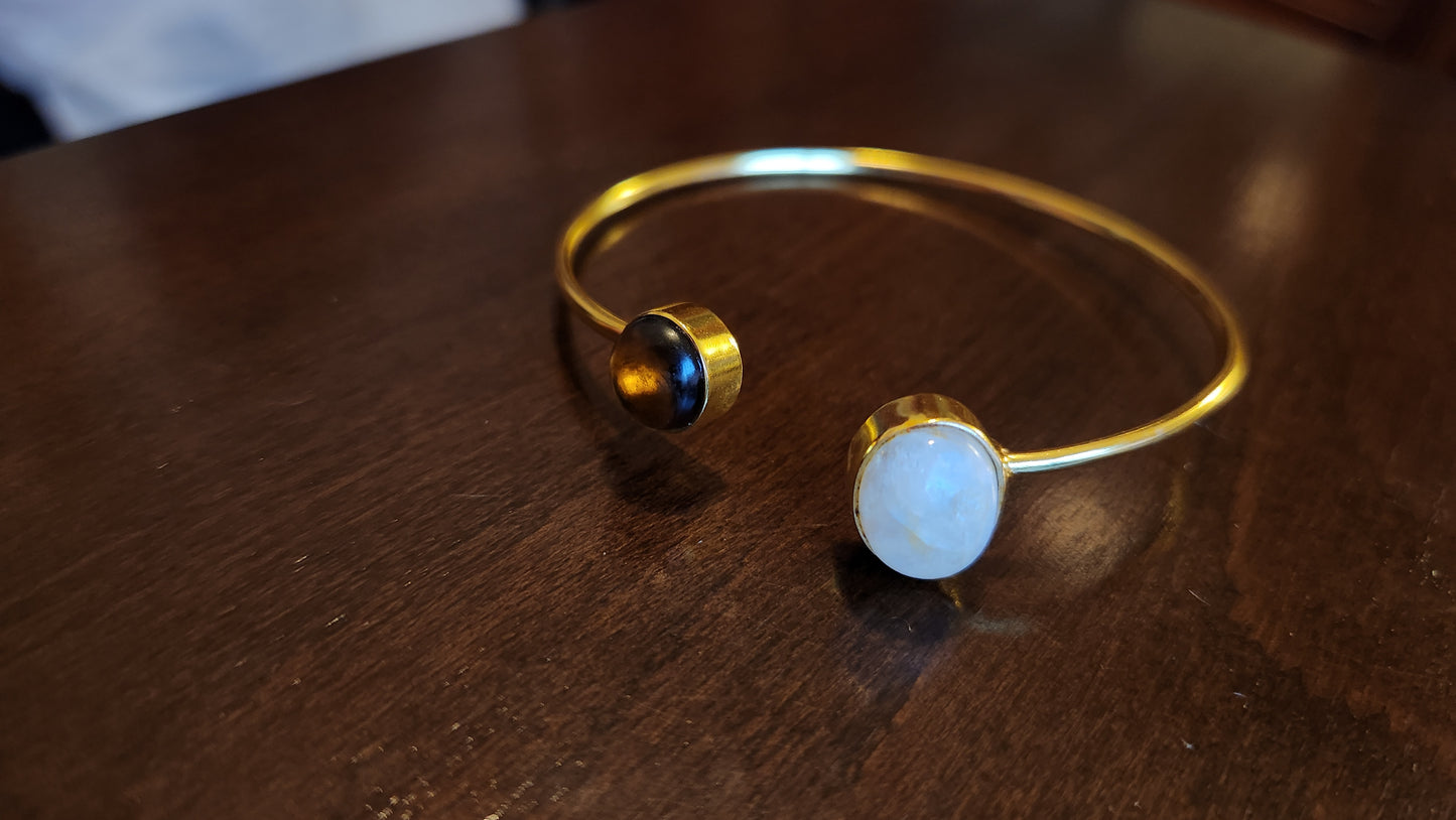 Emilie Moonstone and Smokey Quartz cuff bracelet 18k Gold Plated