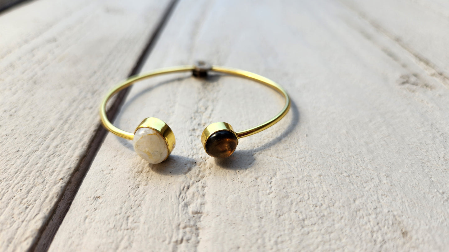 Emilie Moonstone and Smokey Quartz cuff bracelet 18k Gold Plated